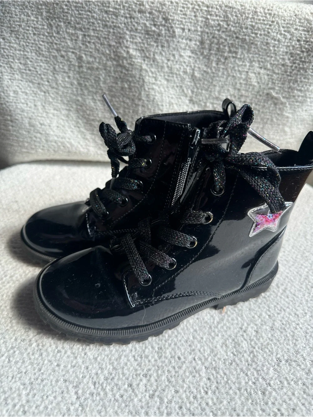 Kids Black Patent Lace-Up Ankle Boots with Star Accent